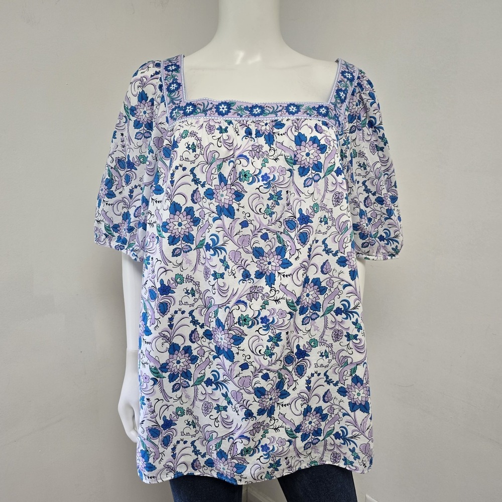 Talbots Square Neck Short Puff Sleeve Top Blouse Floral Bird Print Boho Size 2X